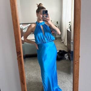 Fate blue silk maxi dress open back